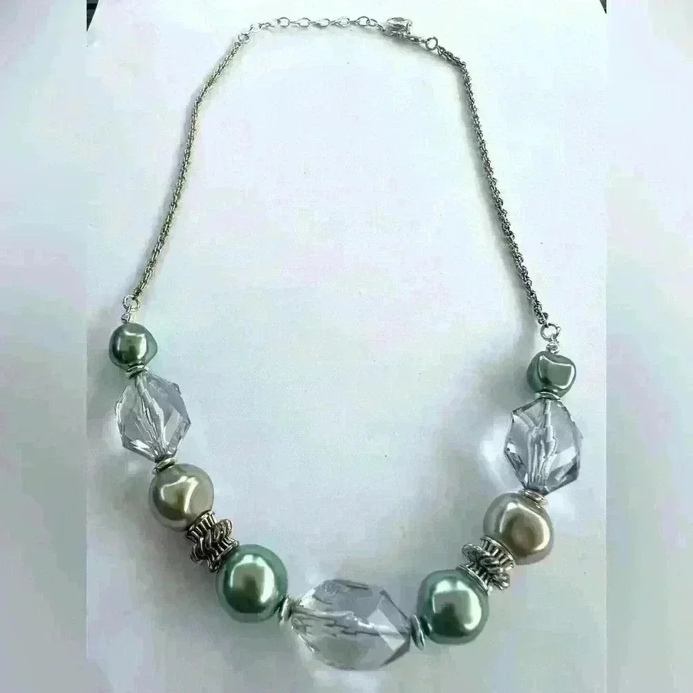 Unique Bib Necklace with Clear Glass and green and silver beads